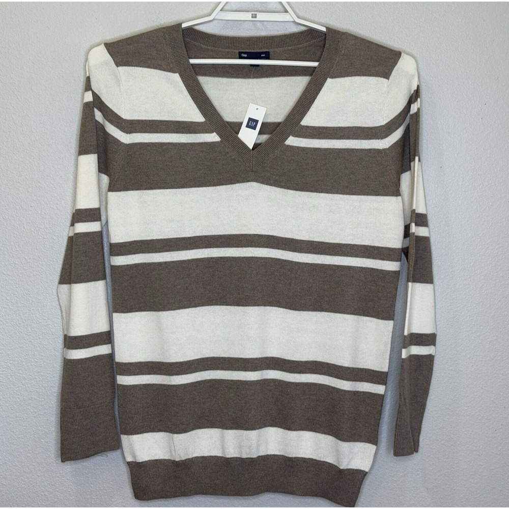 Gap V-Neck Sweater Womens Size Large Brown Cream Stripe Cotton Rayon Blend NEW‎